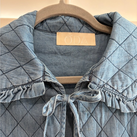 ODA Proyecto Rufina EUC Ruffle Collar Quilted Barn Jacket Denim Chambray M L - Picture 5 of 11